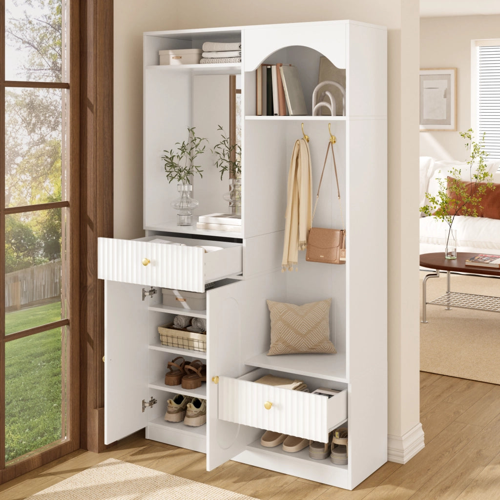 Mobili da ingresso con specchio, seduta, ganci e LED, 2 cassetti, ripiani regolabili, in MDF bianco, 100 × 35 × 180 cm