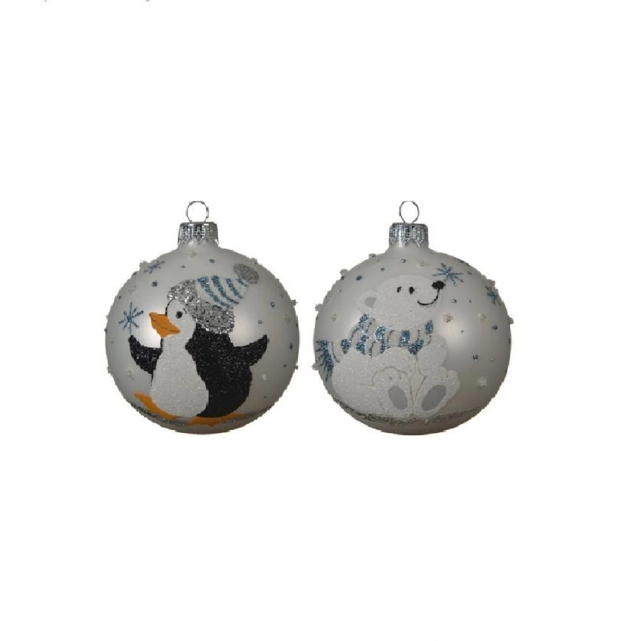 Pallina vetro con pinguino/orso polare d.8cm,prezzo cad, incidcare il modello