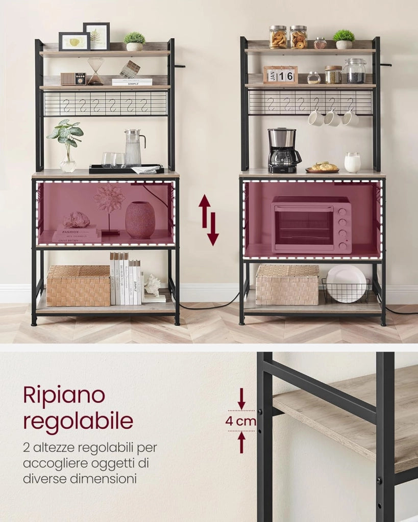 VASAGLE Scaffale Cucina con Multipresa, Scaffale per Microonde, Mobile Cucina, con Pannello a Rete Metallica, 14 Ganci, 40 x 80 x 170 cm, Greige e Nero KKS025B02EU