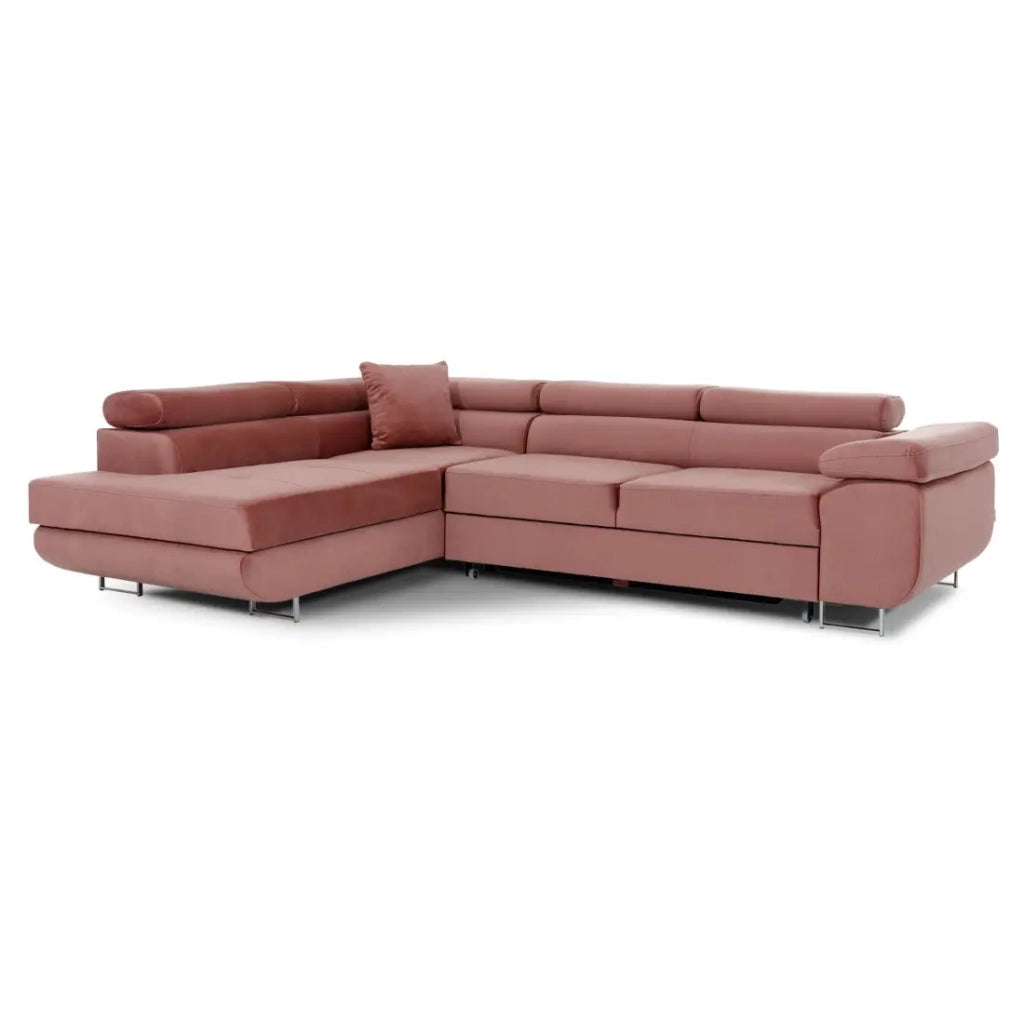 Divano ad angolo convertibile MENTON in velluto rosa – Angolo sinistro con contenitore