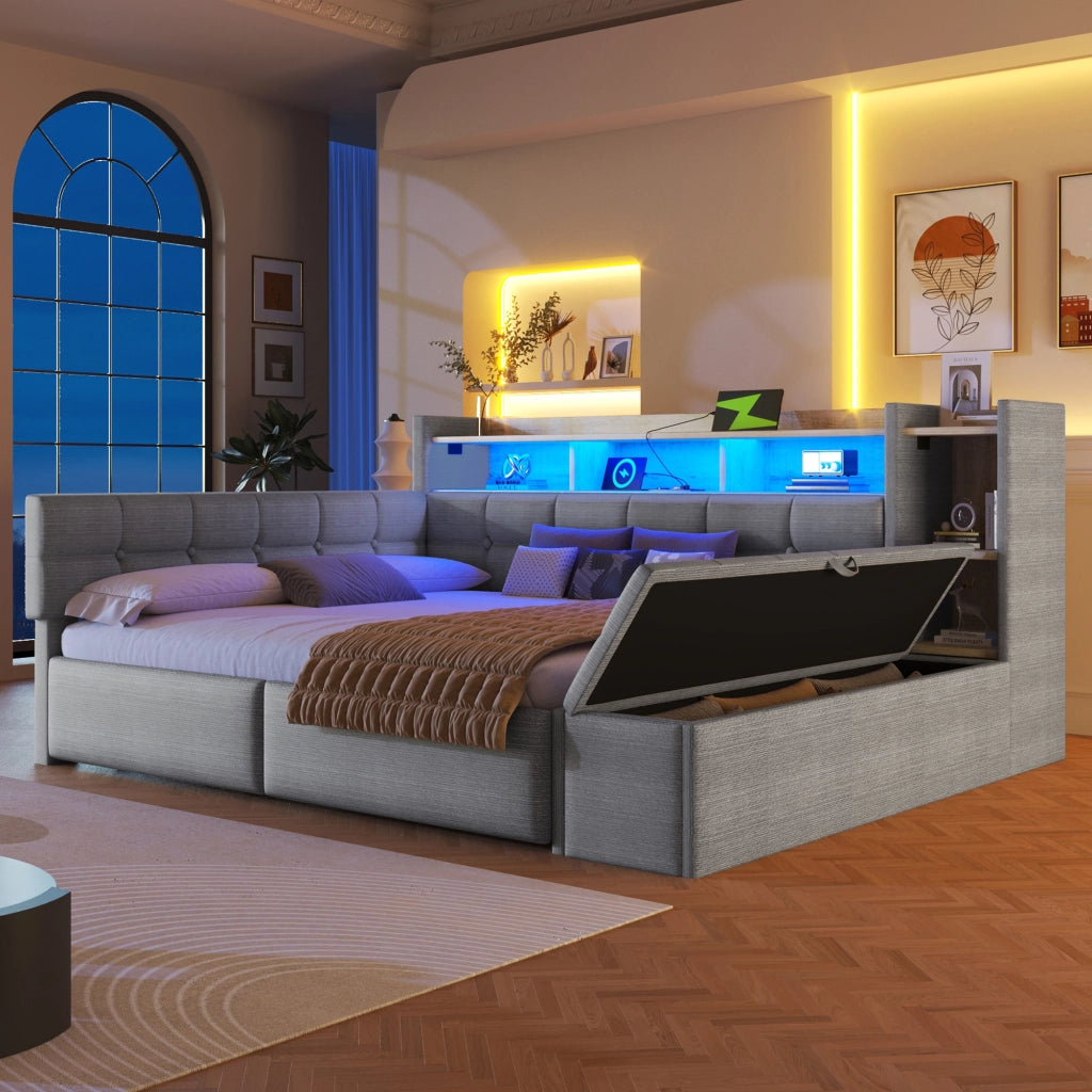 Divano letto 140 x 190 cm con contenitori e cassetti letto matrimoniale per camera in MDF e velluto grigio