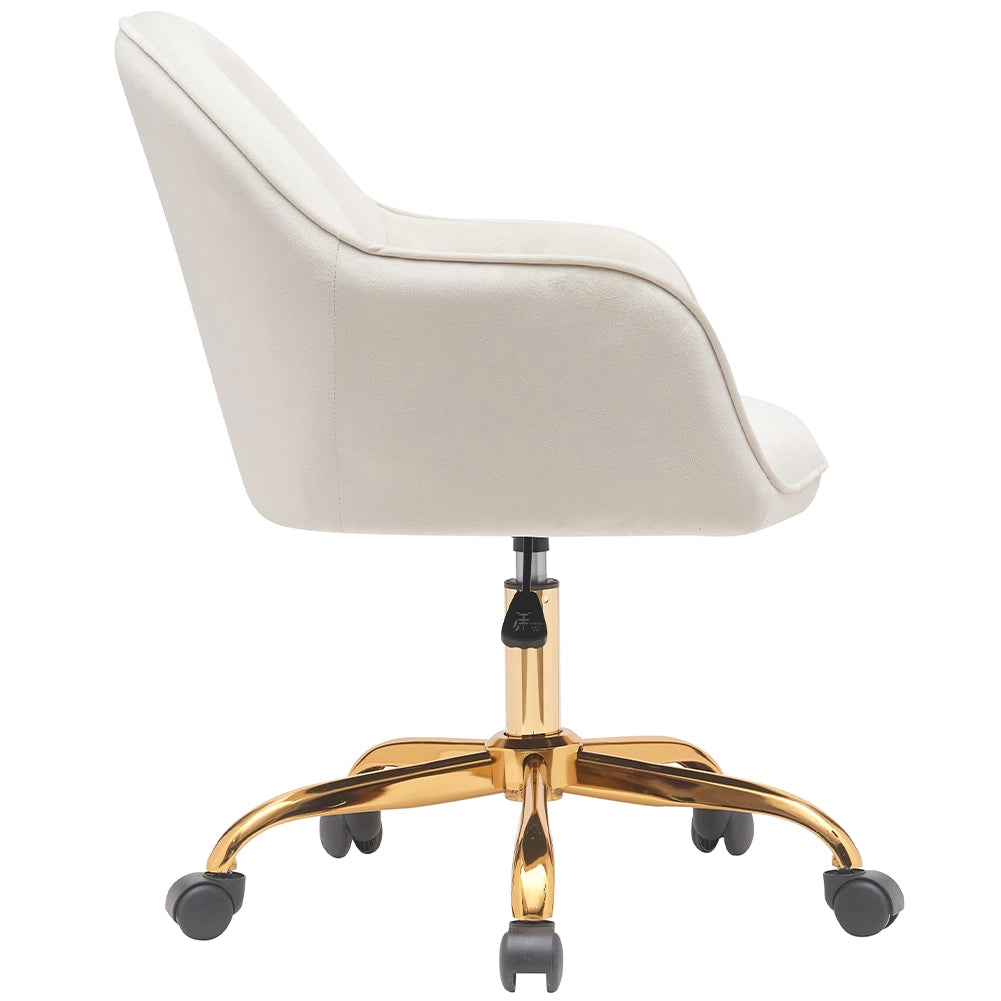 Sedia da Ufficio in Velluto Crema Poltrona Imbottita da Scrivania con Base Oro