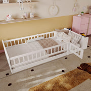 DESMIU Letto Bambino 90 × 200 cm 1 Posto con Vani Aperti, Ripiani e Sponda Apribile, Senza Materasso