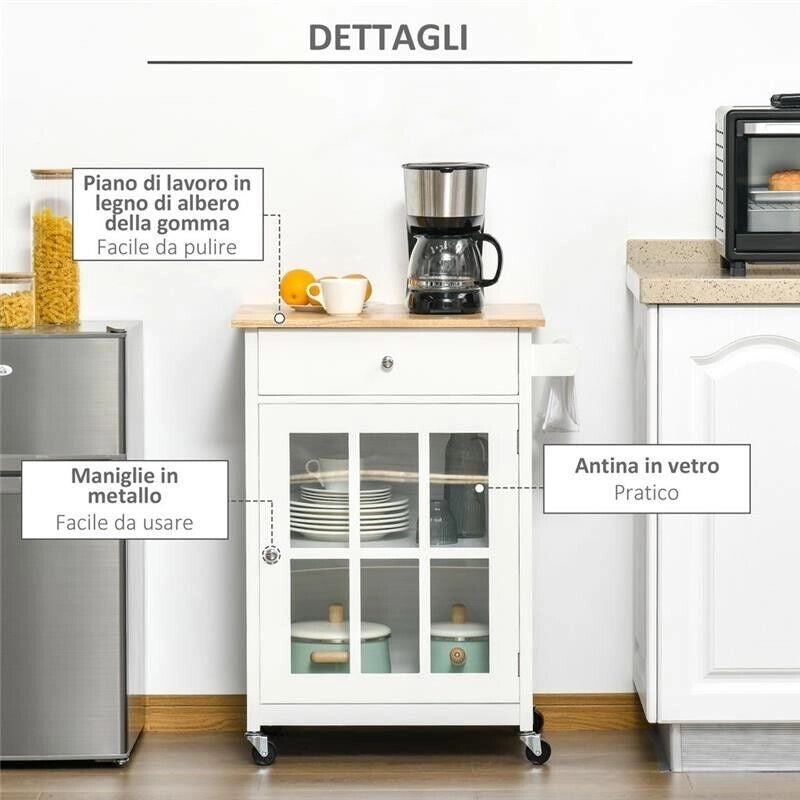 CARRELLO DA CUCINA CON CASSETTO E ANTA A VETRO 67X48X86.5 CM  BIANCO