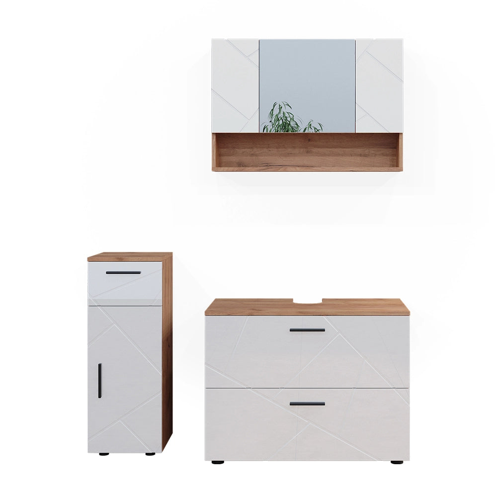 Vicco Set di mobili da bagno Bianco lucido/oro power oak 3 parti, con cassettiera e mobile midi