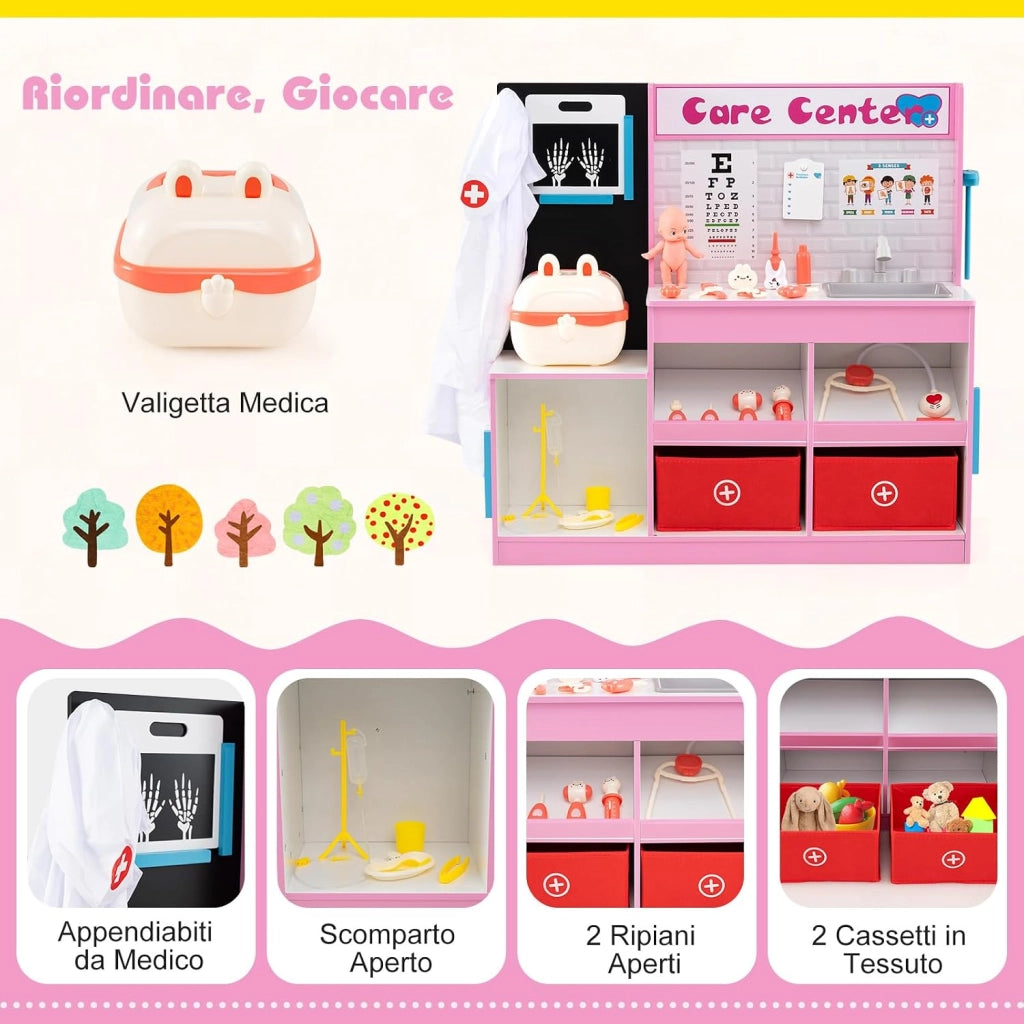 Set Gioco Dottore per Bambini, Gioco di Ruolo Medico in Legno con Stetoscopio, Radiografie, Monitor ECG, Tabella Oculistica e 29 Accessori, Medico Giocattolo per Bambini 3+ Anni (Rosa)