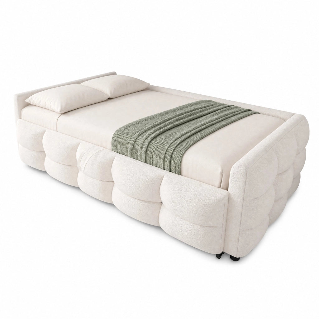 Letto imbottito combinato estraibile 90/180 x 190 cm in Teddy, beige, con rete a doghe, senza materasso