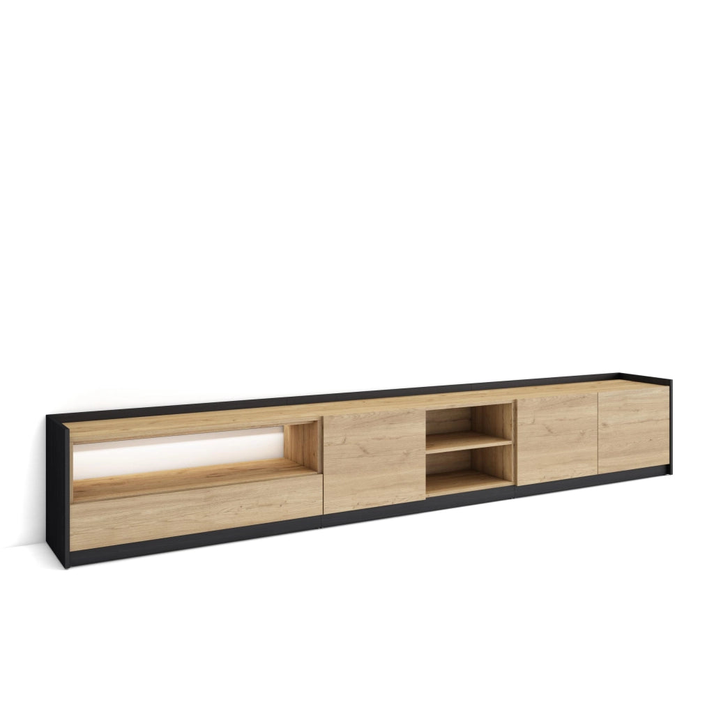 Mobile TV Soggiorno, 310x50x37 cm, Per TV fino a 80", LED, Rovere e nero