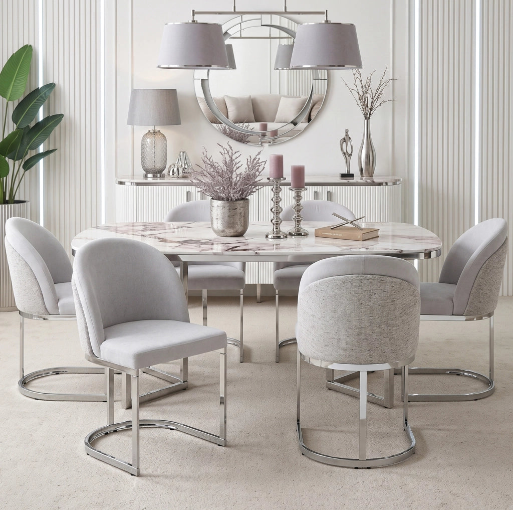 Set di 4 sedie da pranzo in ciniglia grigio chiaro con gambe in metallo argento