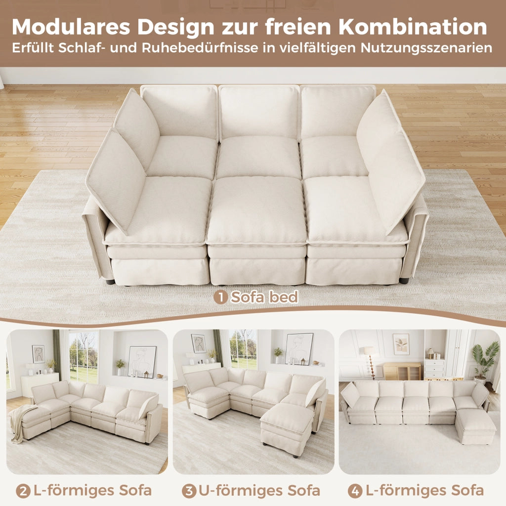 Divano modulare a U con funzione letto e pouf mobile in chenille beige con seduta doppia 6 posti 344 × 127 × 91 cm