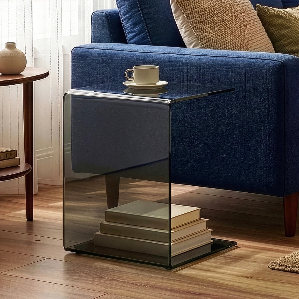 Tavolino Laterale Trölmapilu a Forma di C in Vetro 60 x 40 x 40 cm - Grigio Scuro [en.casa]