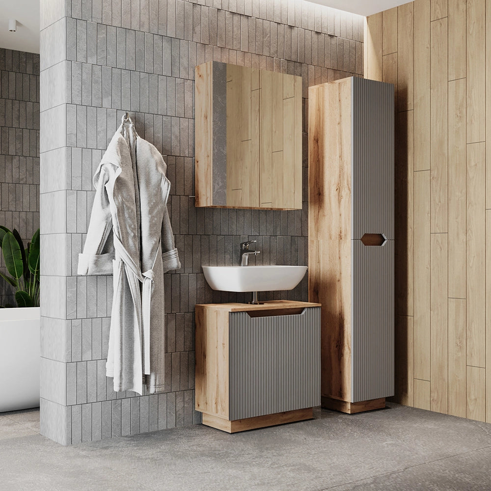 Vicco Set di mobili da bagno Rovere/grigio a righe 3 parti