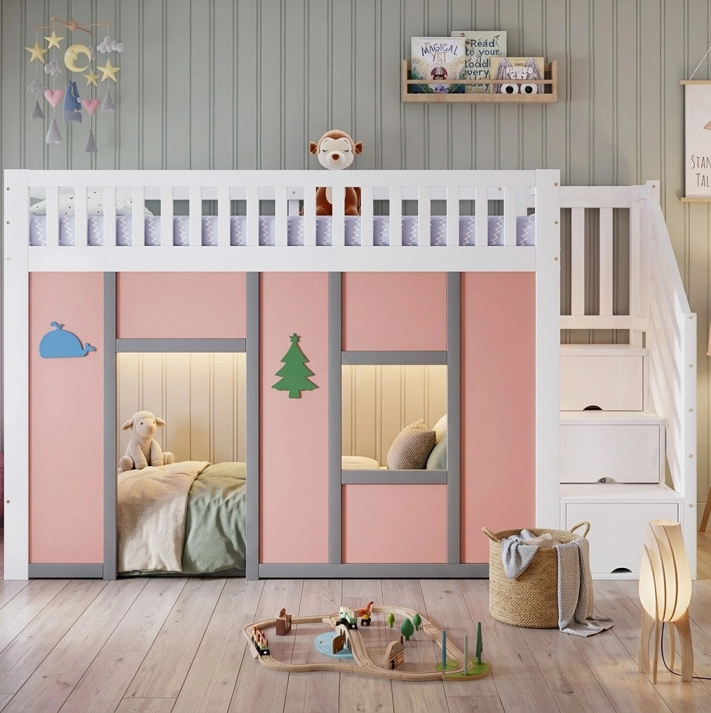 Letto a soppalco basso per bambini 90x200 cm con scala contenitore e LED; legno e MDF; bianco e rosa