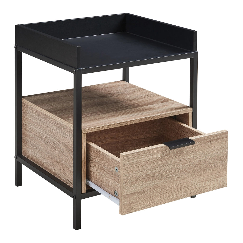 Comodino Belana con Cassetto e Vano Aperto 51 x 40 x 35 cm - Nero/Effetto Rovere [en.casa]