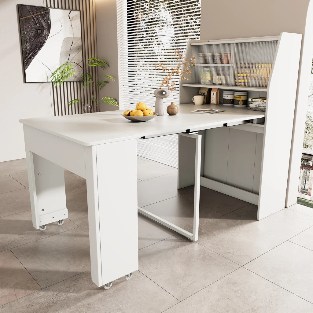 Tavolo da pranzo allungabile con vano contenitore e ripiani, per sala da pranzo, in truciolare e vetro, bianco
