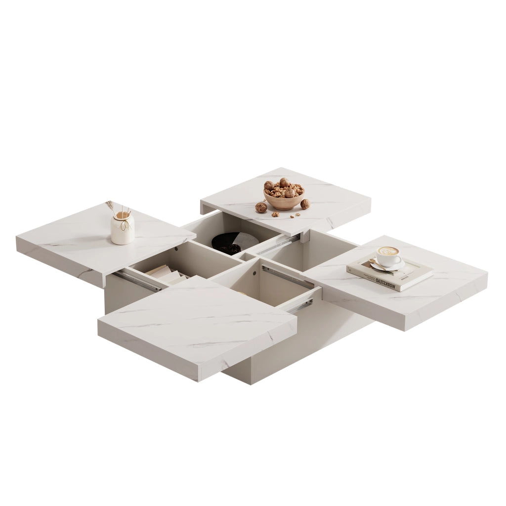 Tavolino da caff¨¨ quadrato moderno bianco con effetto marmo, 90 x 90 x 25 cm, 4 cassetti, piano scorrevole, portata fino a 30 kg