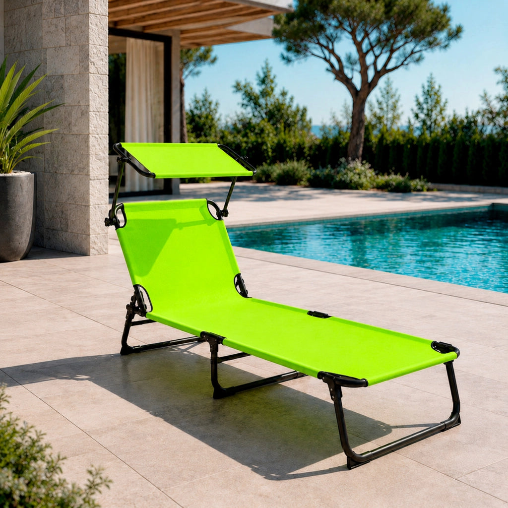 Set 2 Lettini Mare Pieghevoli Con Tettuccio Parasole Regolabile Schienale Reclinabile Sdraio Struttura In Acciaio Traspirante Ideali Per Spiaggia Giardino Campeggio Relax Estivo 24 x 187 x 53 Cm Verde Fluo