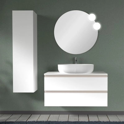 Mobile bagno sospeso 100 cm bianco opaco con top e specchio tondo Master