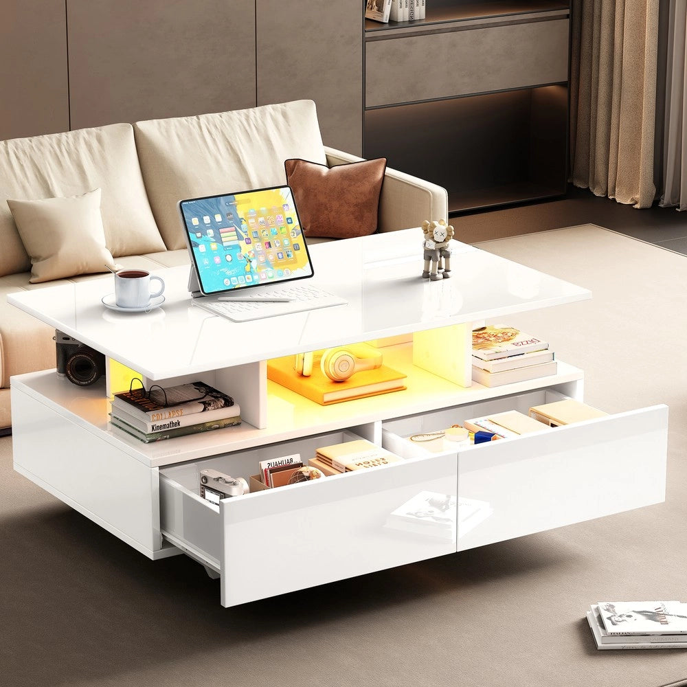 Tavolino da Caff¨¨ con LED e 2 Cassetti ¨C MINIMAL ¨C Lucido Bianco 90x55x41