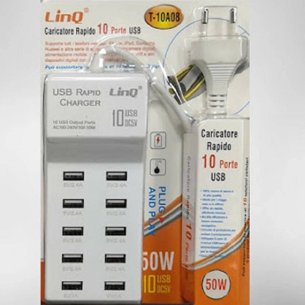 Trade Shop - Multipresa Caricatore Rapido 50 Watt A 10 Porte Usb Dc5v T-10a08 Per Smartphone -