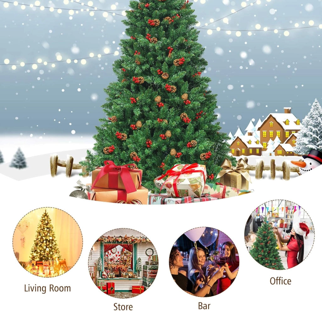 Albero di Natale Artificiale 135/195 cm in PVC, Albero di Natale con Luci LED Incorporate, Mele di Pino e Bacche Rosse, Christmas Tree per Casa, Negozio, Ufficio, Feste (L)