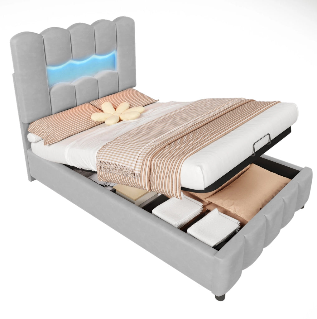Letto imbottito 90 x 200 cm in velluto grigio con contenitore idraulico e luci LED