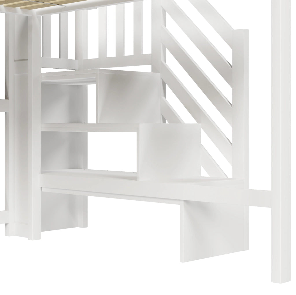 Letto a soppalco 140x200 cm con LED e scala contenitore bianco