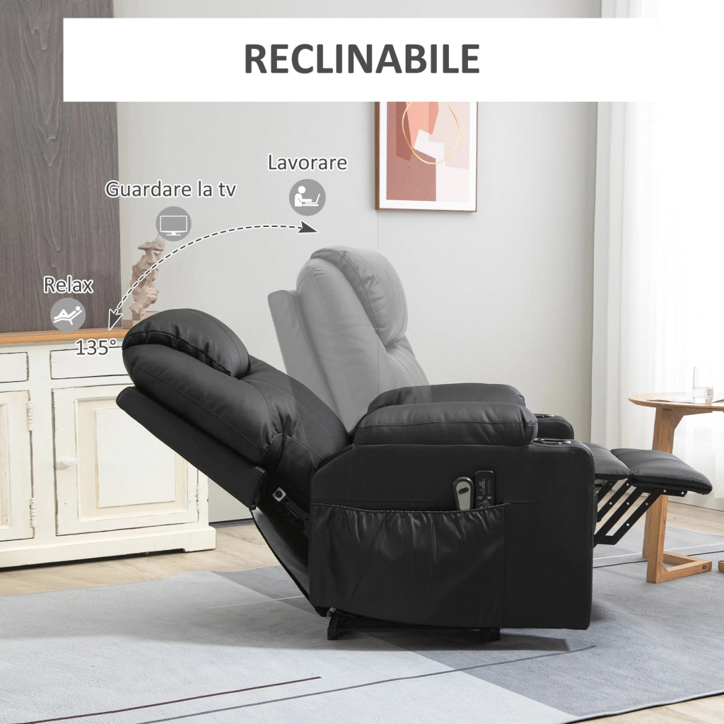 EasyComfort Poltrona Alzapersona Reclinabile max 135° con 8 Punti Massaggianti e Poggiapiedi, 88x92x106 cm, Nero