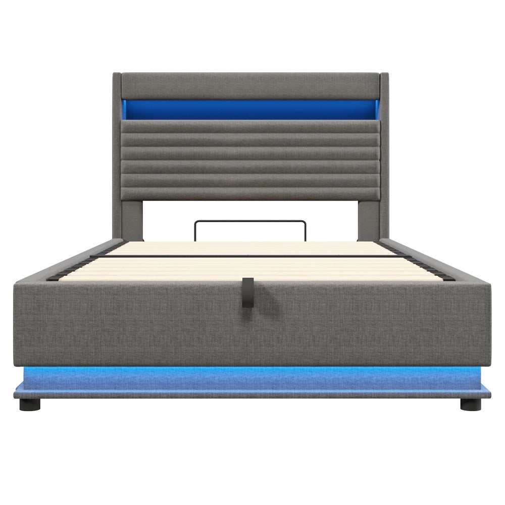Letto Imbottito Contenitore con LED e USB ¨C MINIMAL ¨C Tessuto Grigio 140x200