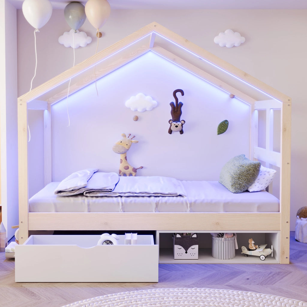 Letto per bambini 90 × 190 cm con cassetto contenitore, scarpiera e LED multicolore, senza materasso, legno naturale