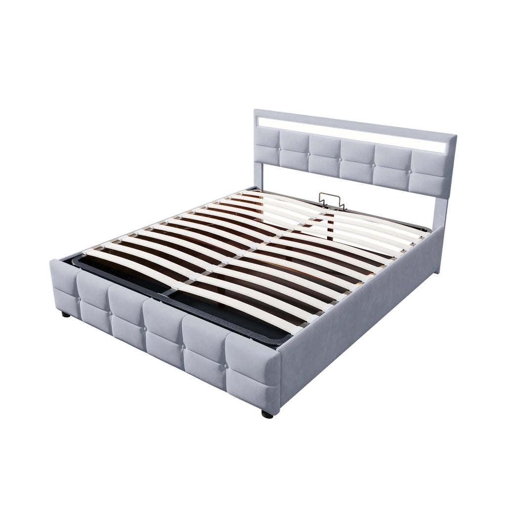 Letto matrimoniale contenitore 180x200 cm con LED; apertura idraulica; rivestimento in velluto grigio e rete