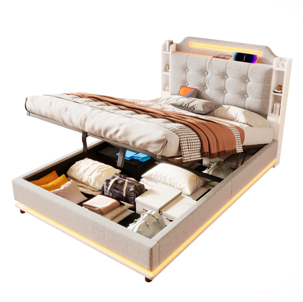 Letto imbottito 140x200 cm con contenitore; LED e ricarica USB Type-C in lino beige