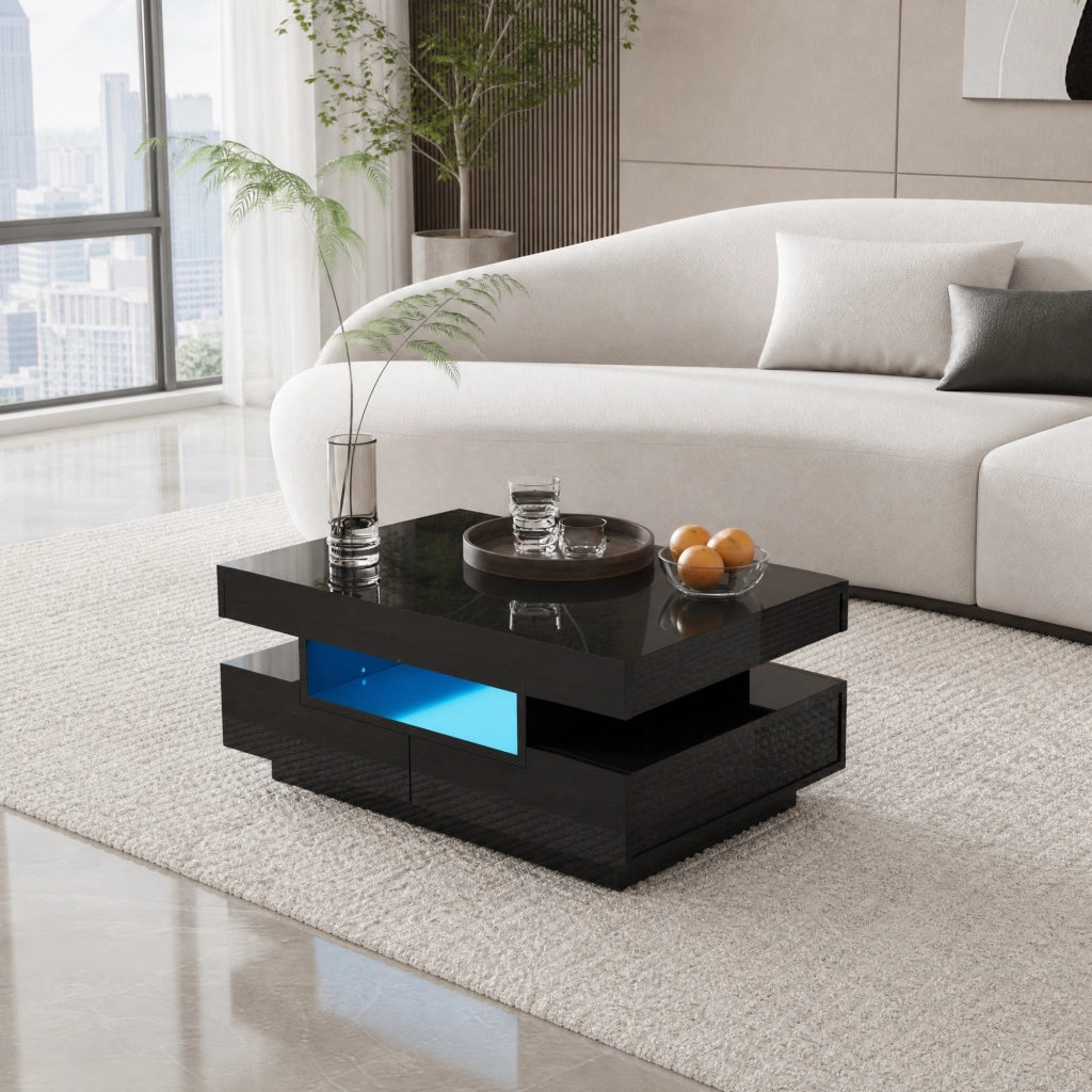 TAVOLINO DA CAFFÈ 80x50x36 cm Nero Lucido con LED e 4 Cassetti