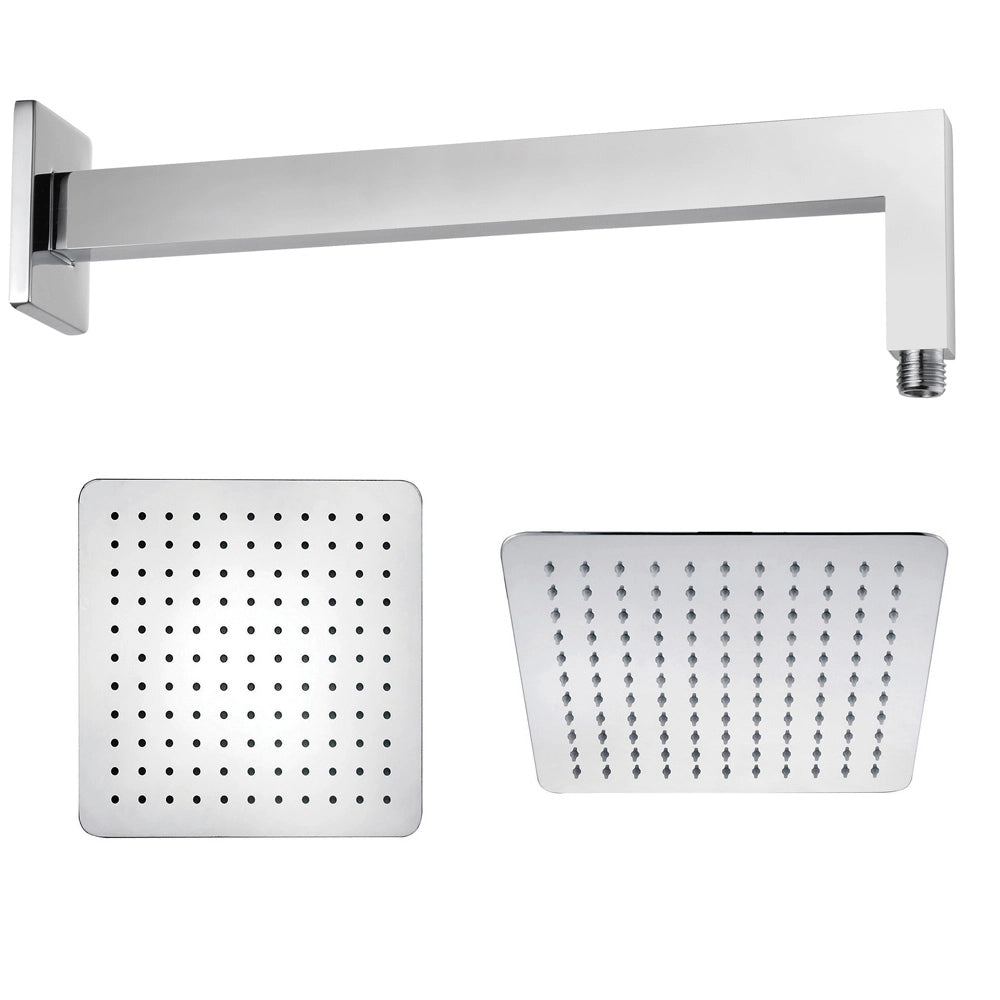 Braccio doccia ottone cromato + soffione doccia quadrato acciaio inox 300x300x2 mm spessore