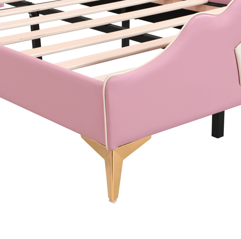 Letto imbottito 90x200 cm con testiera a corona in PU rosa e bianco