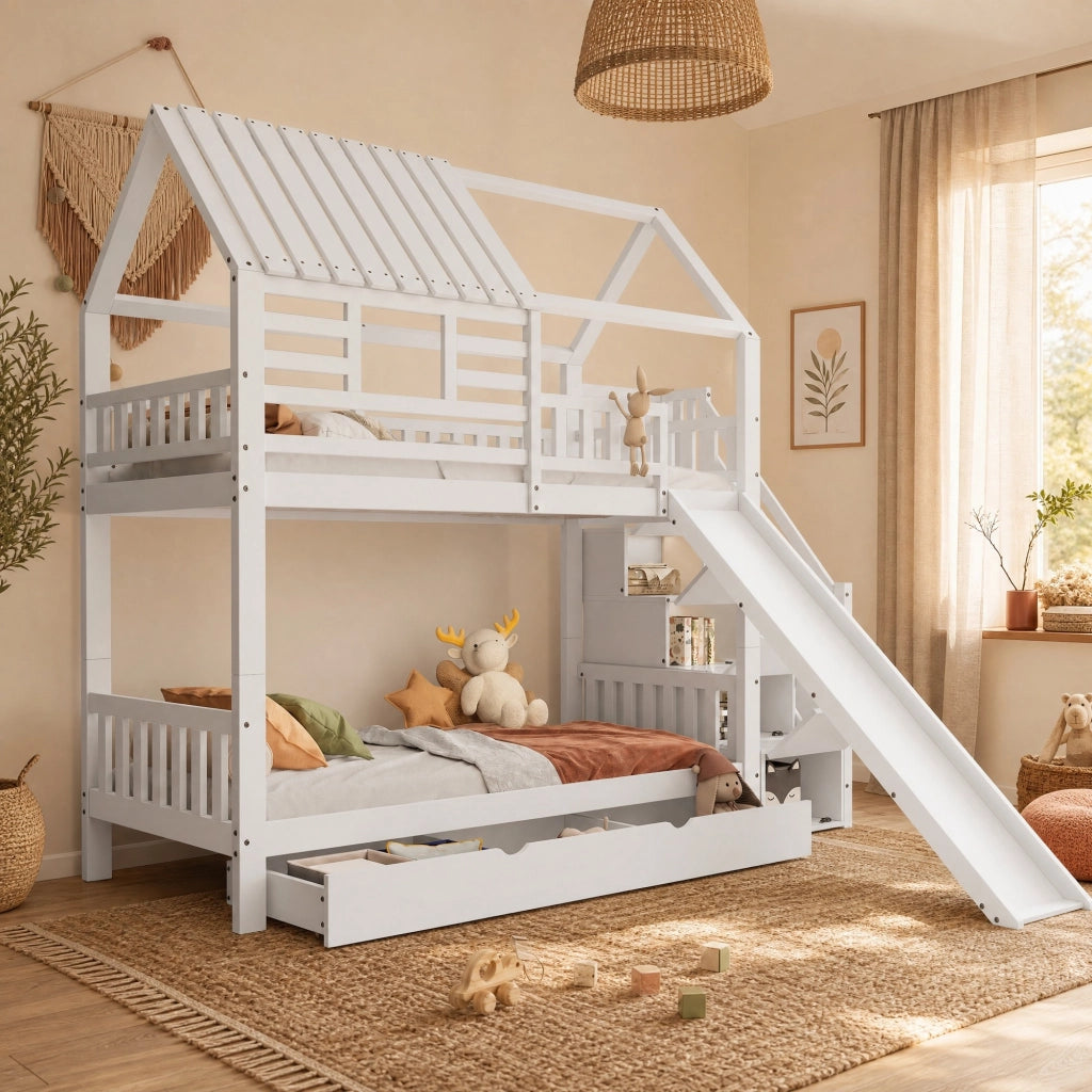 Letto a castello a casetta bianco 90x200 cm con scivolo