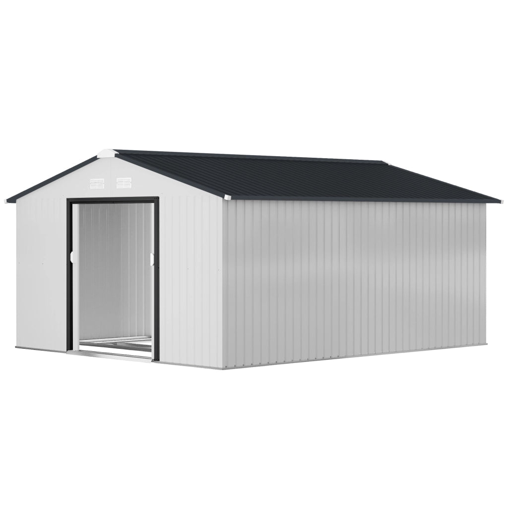 Casetta da Giardino 3.4x3.8x2 m in Acciaio con Doppia Porta Scorrevole e Tetto Inclinato, Argento