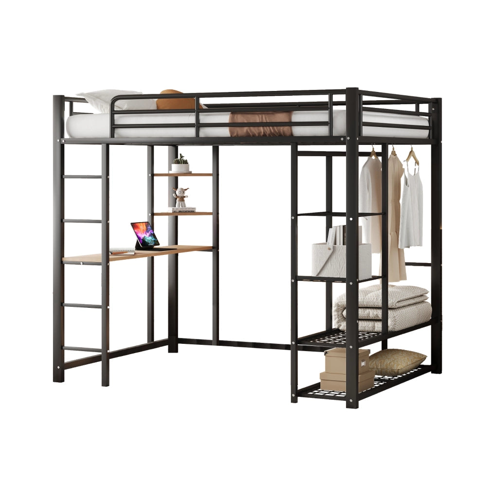 Letto a soppalco in metallo 140x200 cm con scrivania; armadio e ripiani; nero