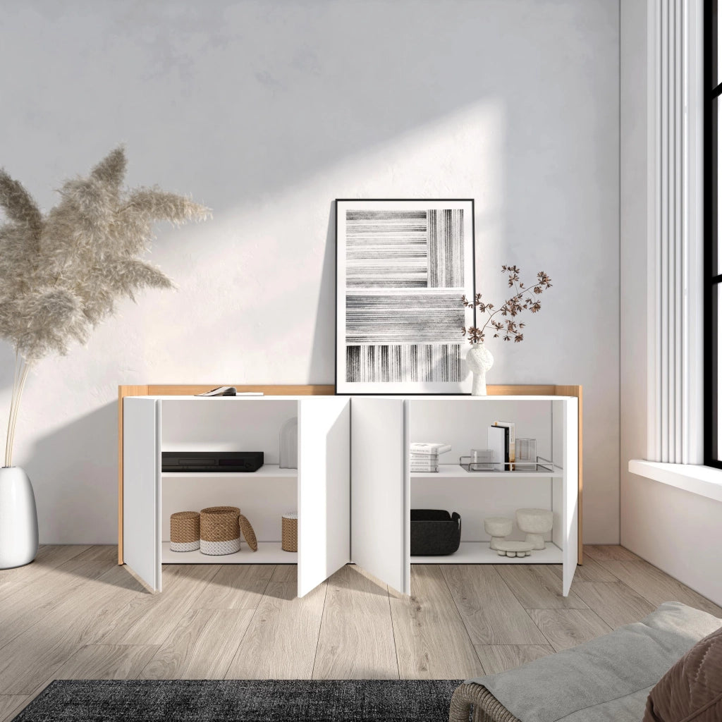 Credenza, Mobile, Cucina, 207x80x35 cm, 4 Porte, grande stoccaggio, Bianco e Rovere soft