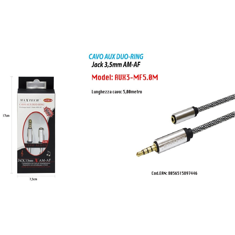Trade Shop - Cavo Audio Jack 3,5mm Da Maschio A Femmina Am/af 5mt Prolunga Aux Maxtech Aux3-mf5.0m -