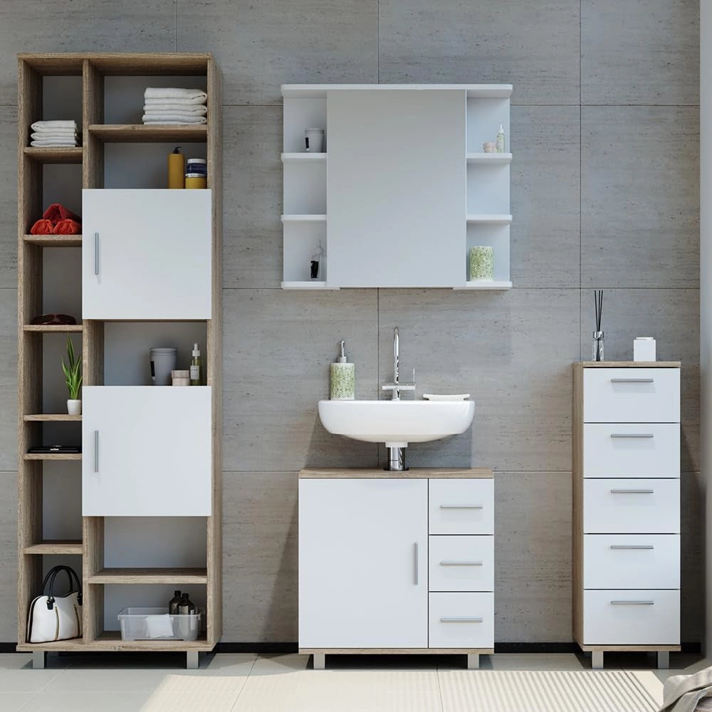 Set mobili bagno Ilias, Sonoma, 60 cm, composto da mobile lavabo, pensile a specchio, colonna e base media