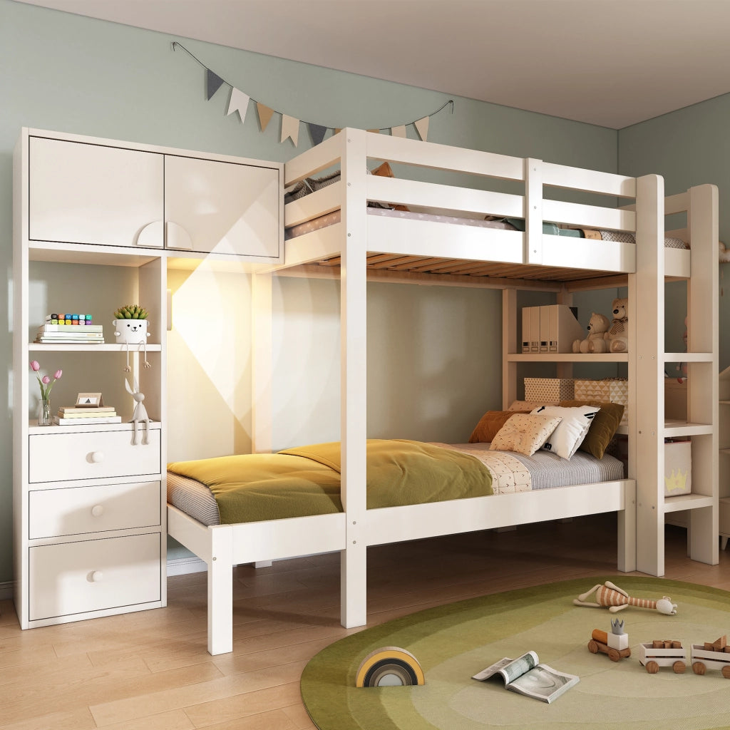 LETTO A CASTELLO SFALSATO 90x200 cm Bianco Metallo e Legno con Ripiani e Cassetti