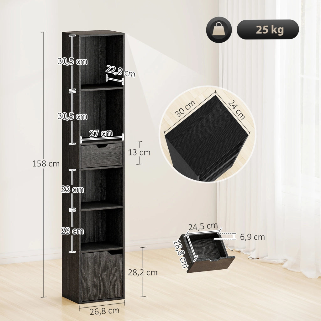 Libreria 30x24x158 cm a 4 Ripiani Aperti con Armadietto e Cassetto Nero
