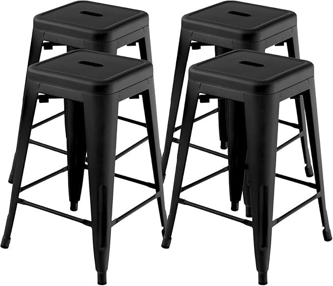 Set di 4 Sgabelli da Bar senza Schienale da 61/76 cm, Sgabelli in Metallo Impilabili con Poggiapiedi per Cucina, Sala da Pranzo e Bar (41 x 41 x 61 cm, Nero)