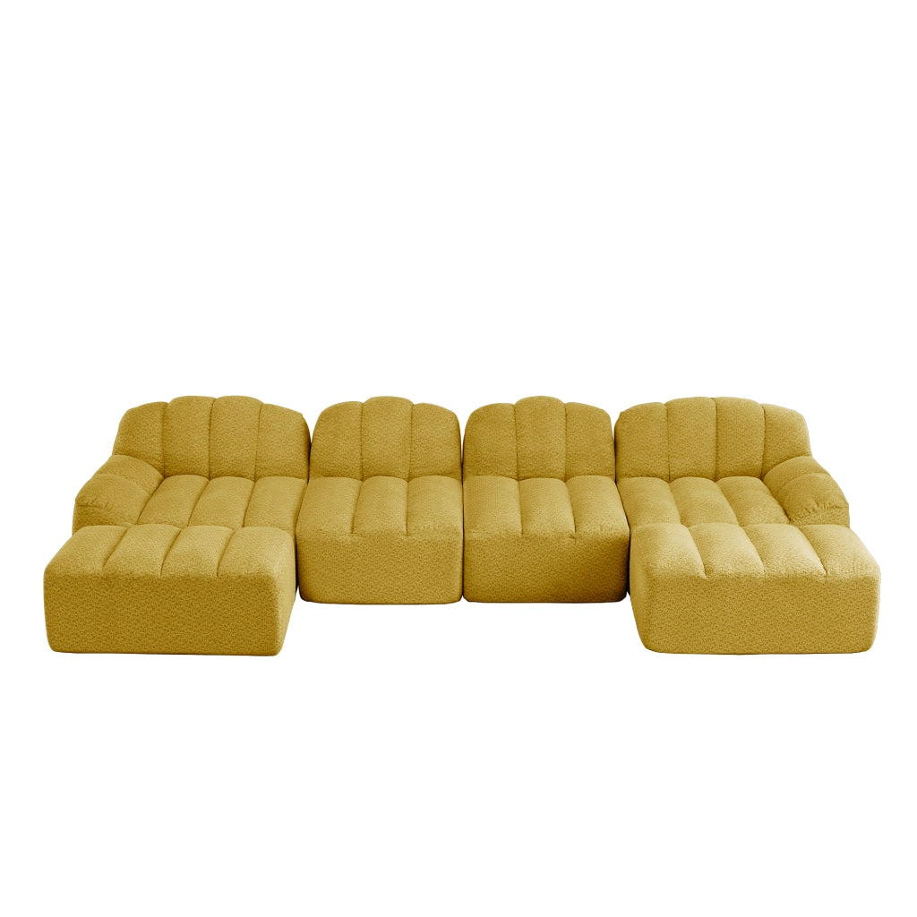 Divano angolare modulare a U 4 posti con 2 ottomani in pile granulato giallo per soggiorno 366 × 165 × 79 cm