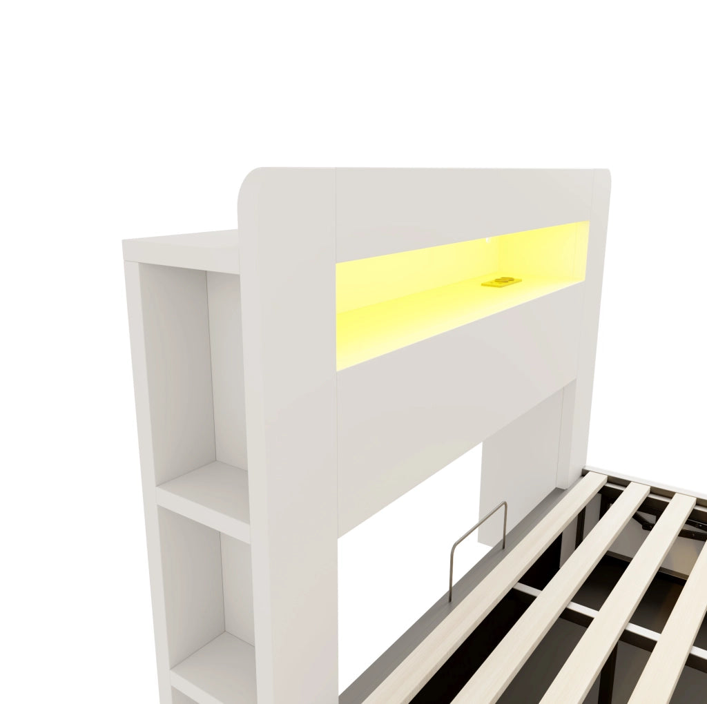 Letto contenitore matrimoniale 140x200 cm in legno bianco con sistema di sollevamento idraulico; LED e prese integrate