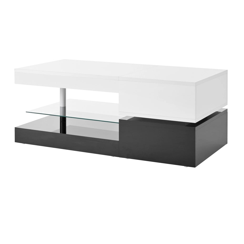 Tavolino da caffè 90x45x35;5 cm; LED con APP e Bluetooth; pannello truciolare; nero e bianco