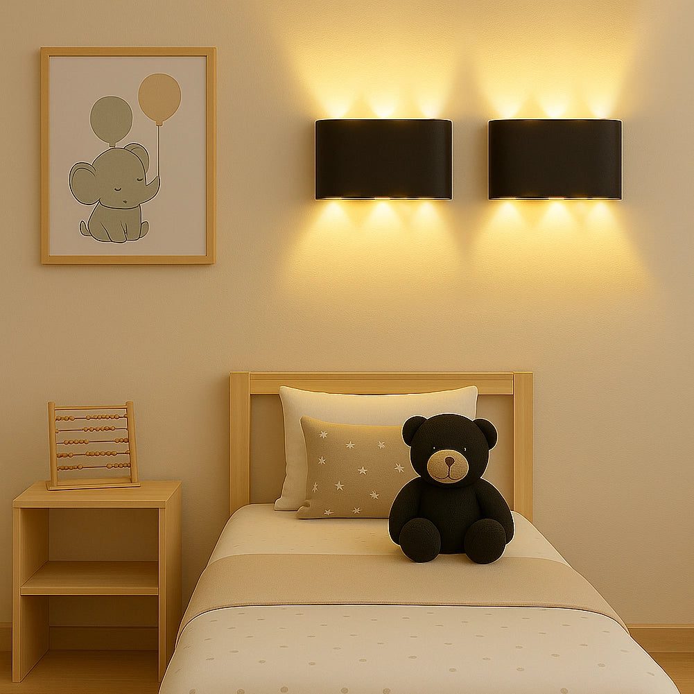 Set 2 Applique da Muro 6 Led Lampada a Parete Nero Luce Bianco Caldo 17x8x4cm
