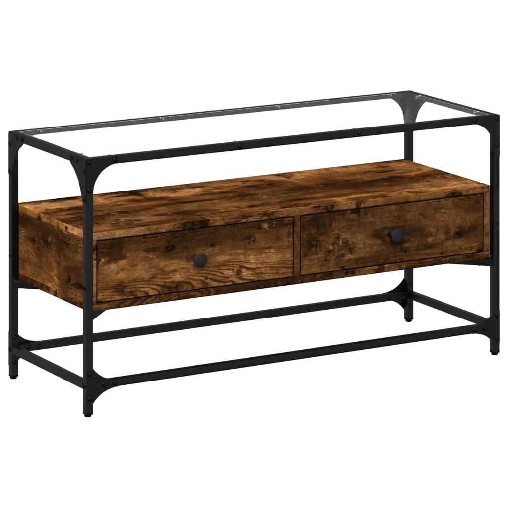 Mobile TV multimediale mensola per TV credenza per TV sala da pranzo soggiorno camera da letto con piano in vetro rovere affumicato legno marrone ingegnerizzato 02_0026420