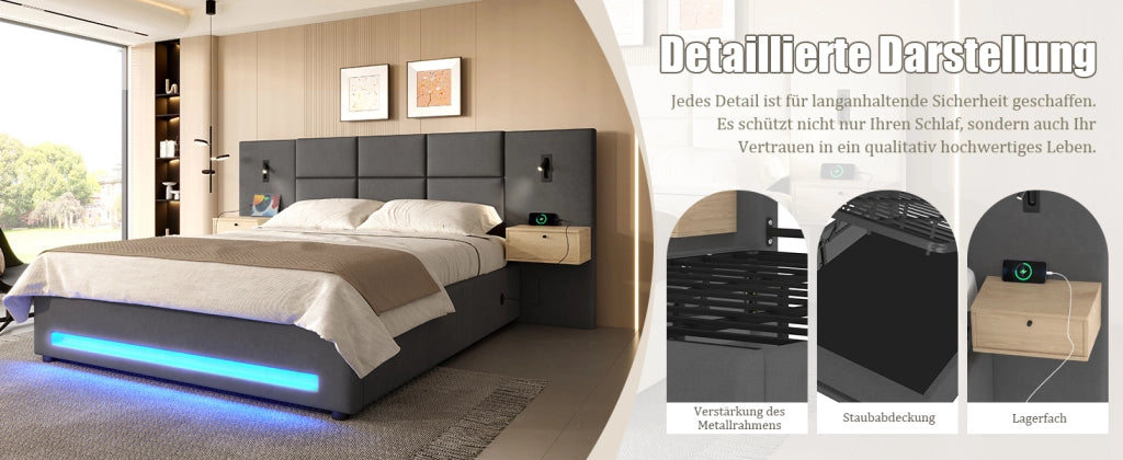 Letto contenitore 180 × 200 cm con cassetti nella testiera, LED, USB Type-C, senza materasso, in velluto, grigio scuro